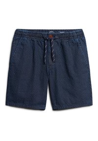 Shorts de bain bleu marine à pois blancs, ceinture élastique avec cordon de serrage, poches latérales et détail de bouton à l'avant.