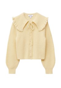 Hellgelbe, gestrickte Strickjacke mit einem Rüschensaum, langen Ärmeln und einem kurzen Schnitt. Verfügt über eine knopfverschlossene Front und ein strukturiertes Gewebe.