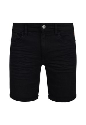Short en jean noir avec fermeture à bouton, passants de ceinture, poches avant et ourlets retroussés, sur fond blanc.