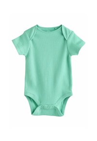 Ljusgrön ribbad kortärmad bodysuit med rund halsringning och tryckknappar i botten; mjukt material; figurnära passform.