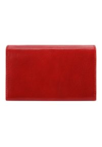 Red leather wallet with a smooth texture, rectangular shape, and stitched edges. No visible hardware or patterns.