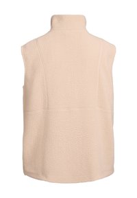 Beige fleecvest, mouwloos ontwerp, hoge kraag, textuur met een licht harige uitstraling, naadloze achterkant met horizontale stiksels.