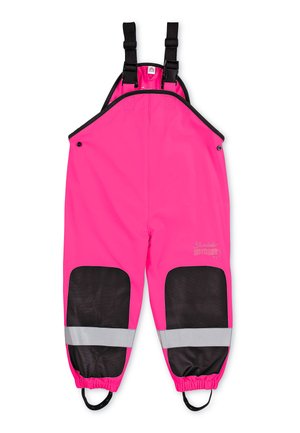 Rosa wasserdichte Latzhose mit schwarzen Akzenten, verstellbaren Trägern, reflektierenden Streifen und elastischen Säumen an den Knöcheln. Texturierte Einsätze an den Beinen.