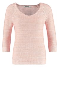 Pull en tricot rose clair avec manches trois-quarts et col rond, avec un ourlet et des poignets côtelés.
