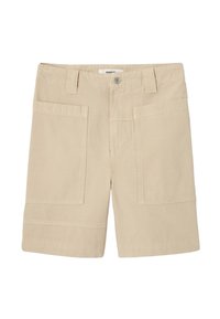 Shorts cargo beiges en tissu mélange coton. Comprend deux grandes poches avant, des passants de ceinture et une fermeture à bouton à la taille.