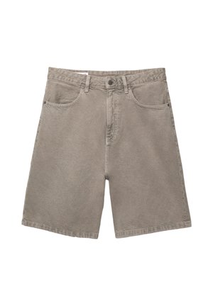 Light gray denim shorts with a relaxed fit, featuring front pockets, a zipper fly, and belt loops, crafted from textured cotton fabric.