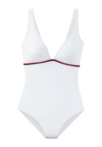 Weißer Badeanzug mit tiefem V-Ausschnitt, ausgestattet mit einem strukturierten roten und schwarzen Saum um die Taille. Glatte Stoffoberfläche, minimalistisches Design.