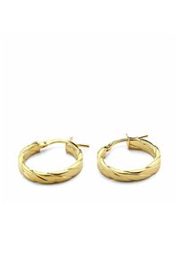 Apaļas auskari zelta tonī ar vītā dizaina elementu, gludu un spīdīgu virsmu, ar drošu aizdari papildu stabilitātei.