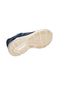 Blue athletic shoe with a textured upper, white accents, and a rubber sole featuring a patterned tread for grip. Branding on the side.