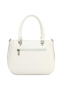 Borsa sintetica bianca con texture liscia, manico arrotondato e tasca frontale con zip. Elementi in metallo argentato e dettagli cuciti.