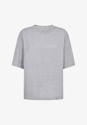 Light gray short-sleeve crew neck T-shirt with a loose fit and heathered fabric texture, displayed on a plain white background.