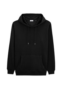 Haut à capuche noir en tissu doux, avec une poche avant, un capuchon avec cordons de serrage, et un design minimaliste sans motifs ni logos visibles.