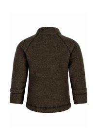 Mörkbrun ulltröja med hög krage, raglanärmar och sydda detaljer längs ärmslut och fåll, med en mjuk, texturerad yta.