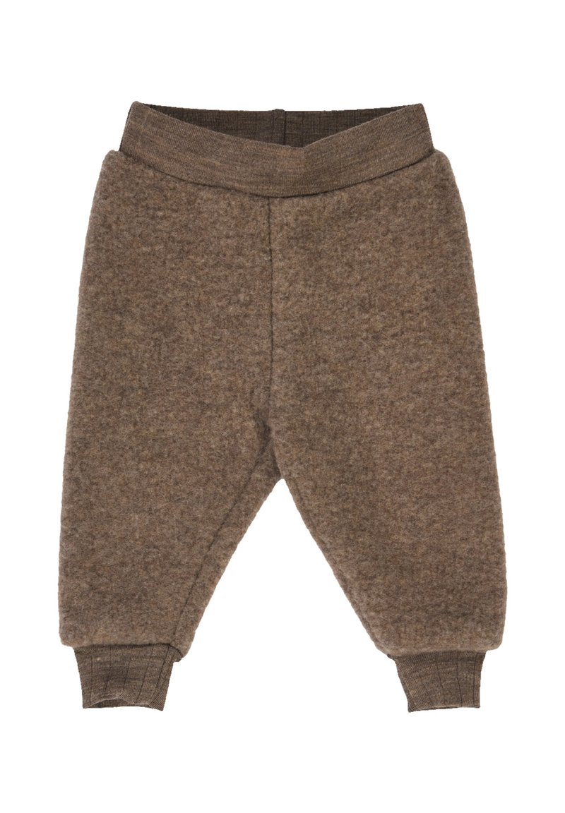 Braune Filzhose mit weicher Textur, elastischem Bund und gerippten Knöchelbündchen. Die konische Form sorgt für eine gemütliche Passform.