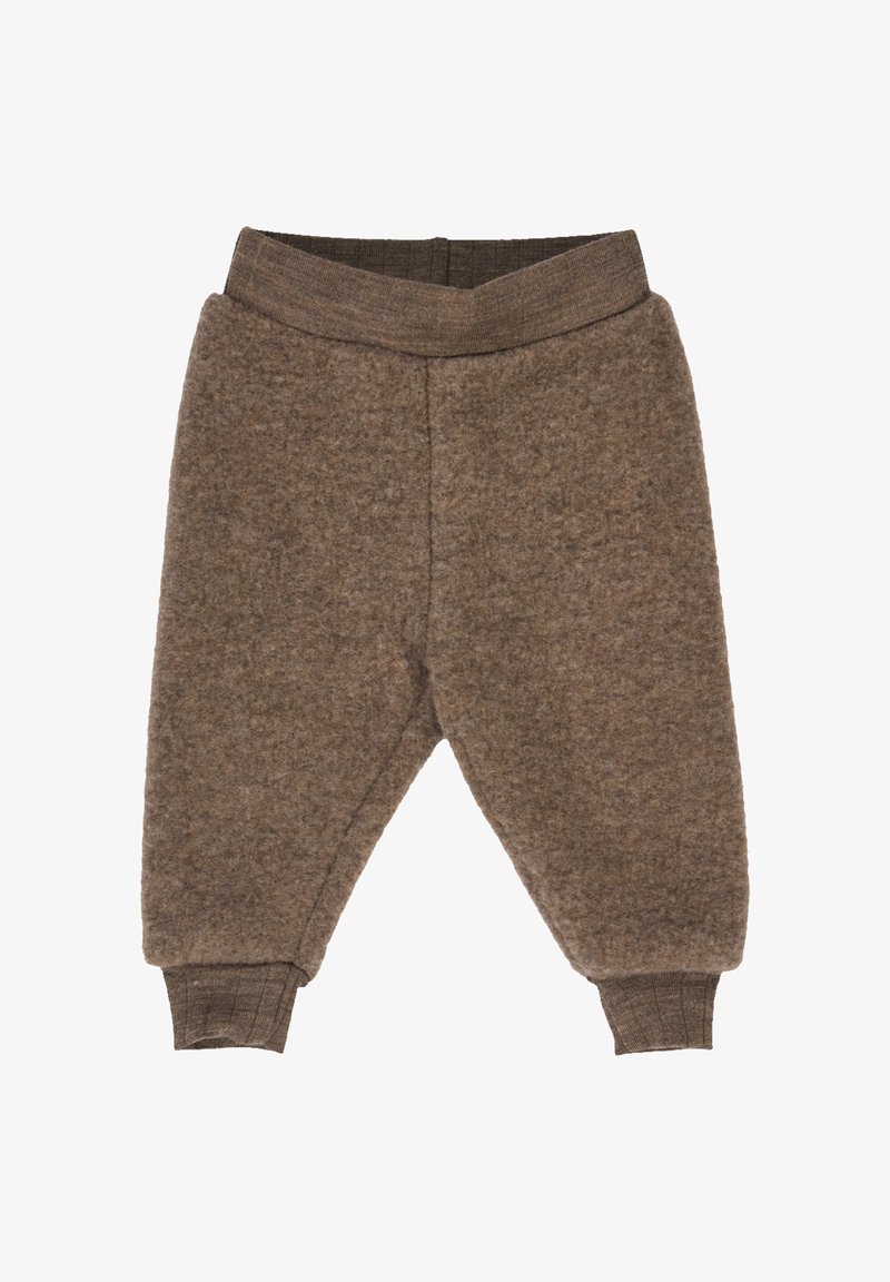 Braune Filzhose mit weicher Textur, elastischem Bund und gerippten Knöchelbündchen. Die konische Form sorgt für eine gemütliche Passform.