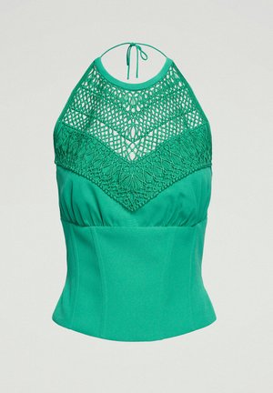 Zelený halter top s čipkovaným živôtikom, priliehavým pásom a strukturovaným lemom. Hladká tkanina so zberaním na páse.