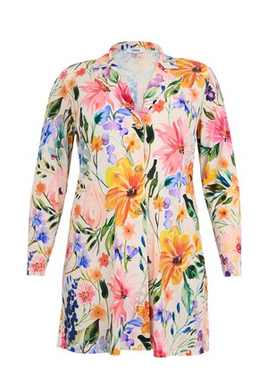 Langärmliges Kleid mit Blumenmuster, Reverskragen und Knöpfen vorne, mit leuchtend orangefarbenen, rosa, violetten und blauen Blumen auf weißem Hintergrund.