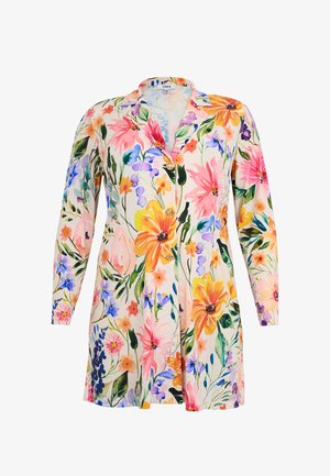 Langärmliges Kleid mit Blumenmuster, Reverskragen und Knöpfen vorne, mit leuchtend orangefarbenen, rosa, violetten und blauen Blumen auf weißem Hintergrund.