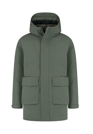 Zelená zateplená bunda s kapucí, dvěma velkými předními kapsami, zipem a výraznými švy. Hladká textura, moderní design.
