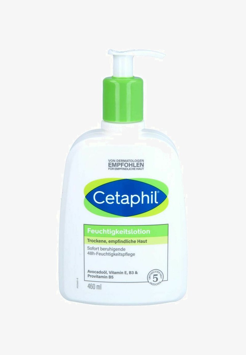 Cetaphil Feuchtigkeitslotion in einer weißen 460 ml Flasche mit einem grünen Pumpspender. Enthält Beschriftungen auf Deutsch, einschließlich der Inhaltsstoffe und Anwendungshinweise.