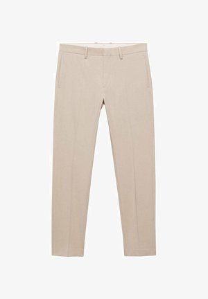 Pantaloni beige su misura con una texture liscia, dotati di due tasche laterali e un design slim fit. La vita è provvista di passanti per la cintura.