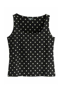 Black tank top with a scoop neckline, featuring a pattern of large cream polka dots. Made of a soft, lightweight fabric.