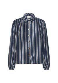 Button-up skjorte i mørkeblå med lodrette striber i lyseblå og beige. Lange puffede ærmer og krave. Textureret stof.