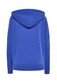 Felpa con cappuccio blu dal taglio morbido, realizzata in tessuto soffice. Presenta una stampa su tutta la schiena e polsini a coste sulle maniche e sull'orlo.