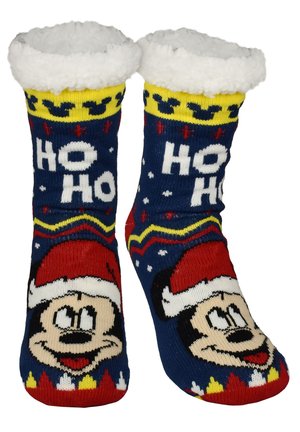 Fleecegefütterte Weihnachtssocken in Marineblau mit roten, gelben und weißen Akzenten. Mit dem Text "HO HO" und einem Mickey-Mouse-Gesichtdesign.