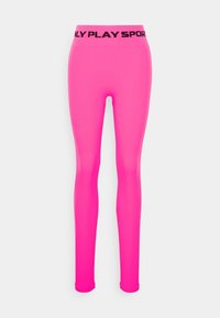Fuchsiastrumpfhosen mit einem schwarzen Bündchen und dem Text "ONLY PLAY SPORT". Aus dehnbarem Material gefertigt, mit einer glatten Oberfläche und einem langen Design.