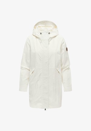 Długi biały płaszcz przeciwdeszczowy z kapturem, zamkiem błyskawicznym z przodu, bocznymi kieszeniami oraz regulowanymi sznurkami przy kapturze.