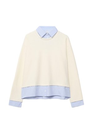 Pulóver s krémovým telom a svetlomodrým pruhovaným golierom a lemom. Má dlhé rukávy, vrstvený dizajn a gombíkový detail na spodnej časti.