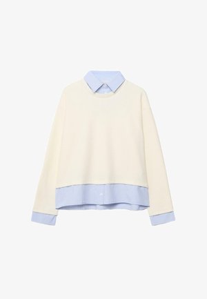 Trøje med cremefarvet krop og lyseblåt, stribet krave og kant. Har lange ærmer, lagdelt design og knapdetalje nederst.