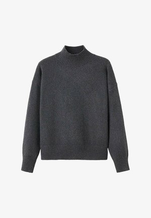 Gray knitted sweater with a high, ribbed collar, dropped shoulders, and ribbed cuffs and hem. Soft texture and relaxed fit.