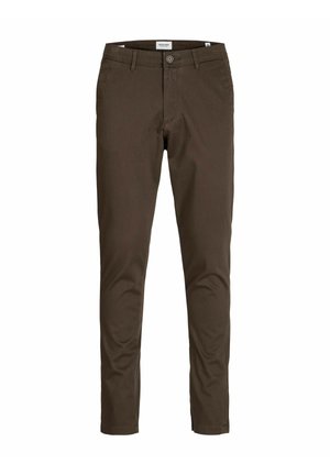 Braune Chinos mit schmaler Passform, ausgestattet mit einem Knopfverschluss, Vorder- und Hintertaschen sowie einer glatten Textur. Geeignet für Freizeitkleidung.