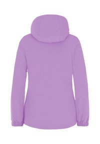 Lila Kapuzenjacke mit langen Ärmeln, elastischen Bündchen und einer glatten Stoffoberfläche. Hat ein einfaches, minimalistisches Design ohne Verzierungen.