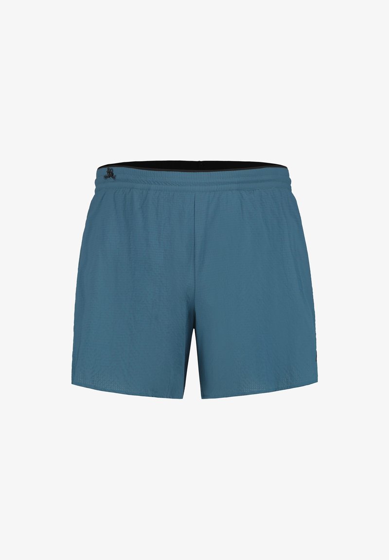 Blå sportshorts tillverkade av ett lätt material, med elastisk midja och en slät yta. Minimalistisk design utan mönster.