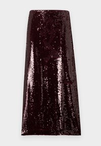 Jupe en sequins bordeaux avec une silhouette ajustée, une texture lisse et une finition brillante, mettant en valeur des sequins scintillants sur toute la surface.