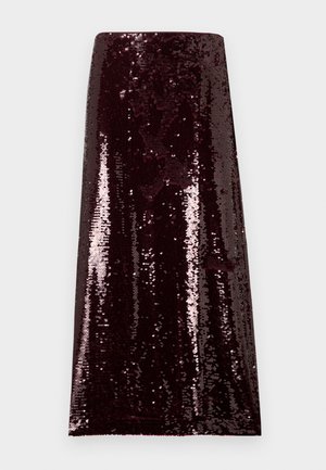 Jupe en sequins bordeaux avec une silhouette ajustée, une texture lisse et une finition brillante, mettant en valeur des sequins scintillants sur toute la surface.
