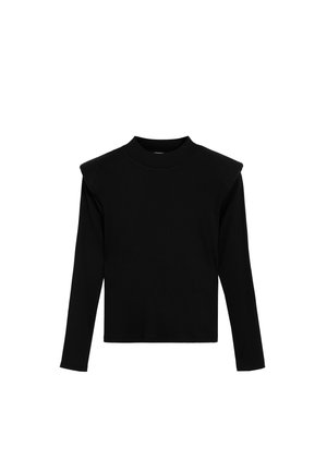 Top negro de manga larga con canalé, cuello alto y un diseño de hombros estructurado. Presenta un tejido texturizado y una forma ajustada.