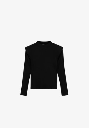 Top negro de manga larga con canalé, cuello alto y un diseño de hombros estructurado. Presenta un tejido texturizado y una forma ajustada.
