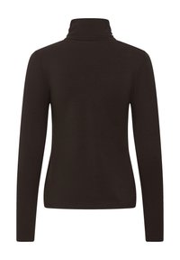 Pull à col roulé marron foncé à manches longues avec une silhouette ajustée, vu de dos sur fond blanc.