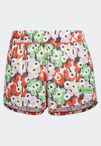 Pantalones cortos unisex coloridos con un patrón floral multicolor en verdes, rojos y marrones. Hechos de una tela ligera con una cintura elástica.