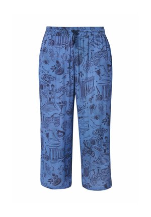 Pantaloni blu in misto cotone con vestibilità comoda e vita elastica. Presentano motivi stampati dettagliati di paesaggi e oggetti in blu scuro.