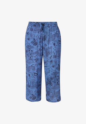 Blauwe katoenmix broek met een relaxte pasvorm en elastische tailleband. Bevat gedetailleerde gedrukte patronen van landschappen en objecten in donkerblauw.