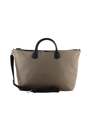 Grand sac de voyage beige avec poignées noires et une bandoulière noire réglable, présenté de face sur fond blanc.