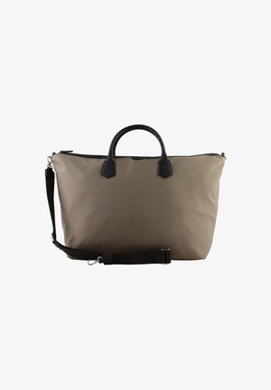 Grand sac de voyage beige avec poignées noires et une bandoulière noire réglable, présenté de face sur fond blanc.