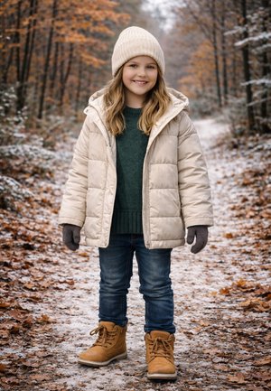 Beige Steppjacke, grüner Pullover, graue Handschuhe, blaue Jeans und braune Stiefel. Stehend auf einem schneebedeckten Weg mit Herbstlaub.