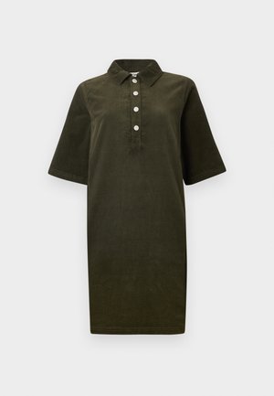 Dark green corduroy dress with short sleeves, collar, and four silver buttons down the front placket.