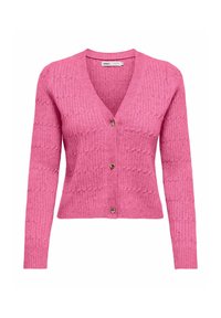 Cardigan rosa con scollo a V, texture a coste e maniche lunghe. Presenta tre bottoni a forma di cuore dorati sul davanti.